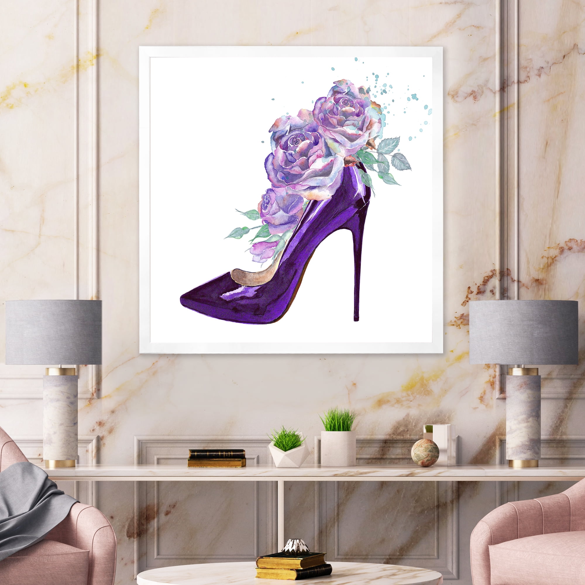 Designart 'Pink VIolet Roses With Dark Purple Stiletto Shoe' Traditional Framed Art Print