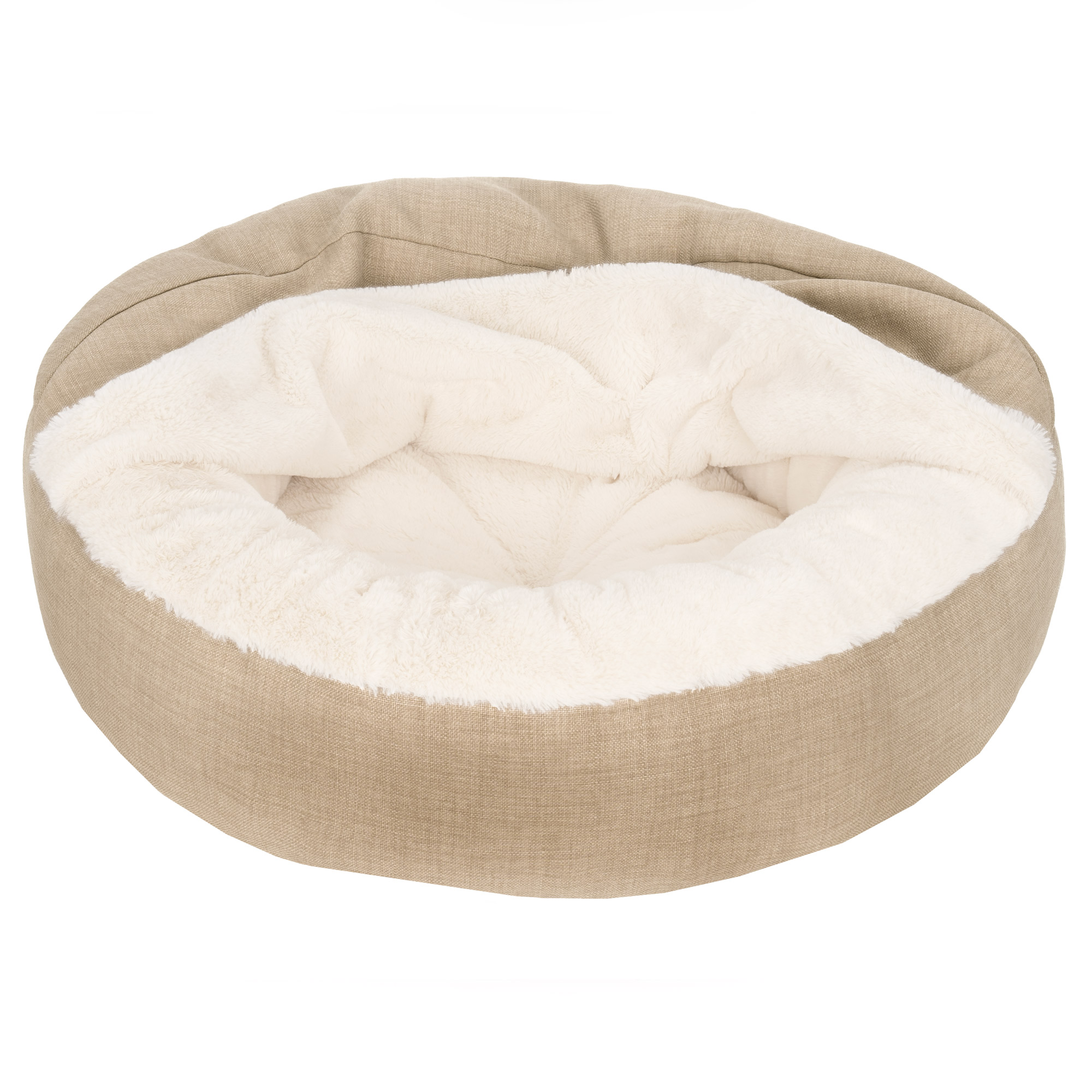 FurHaven Plush & Performance Linen Hooded Donut Pet Bed for Dogs & Cats - Flax, Medium - 27"