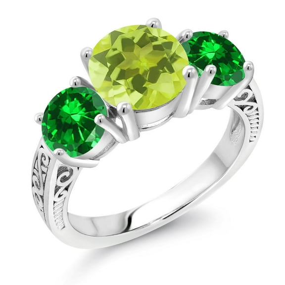 Gem Stone King 925 Sterling Silver Yellow Lemon Quartz and Green Created Emerald Engagement Ring for Women | 3.85 Cttw | Round 8MM | Gemstone Birthstone | Size 8
