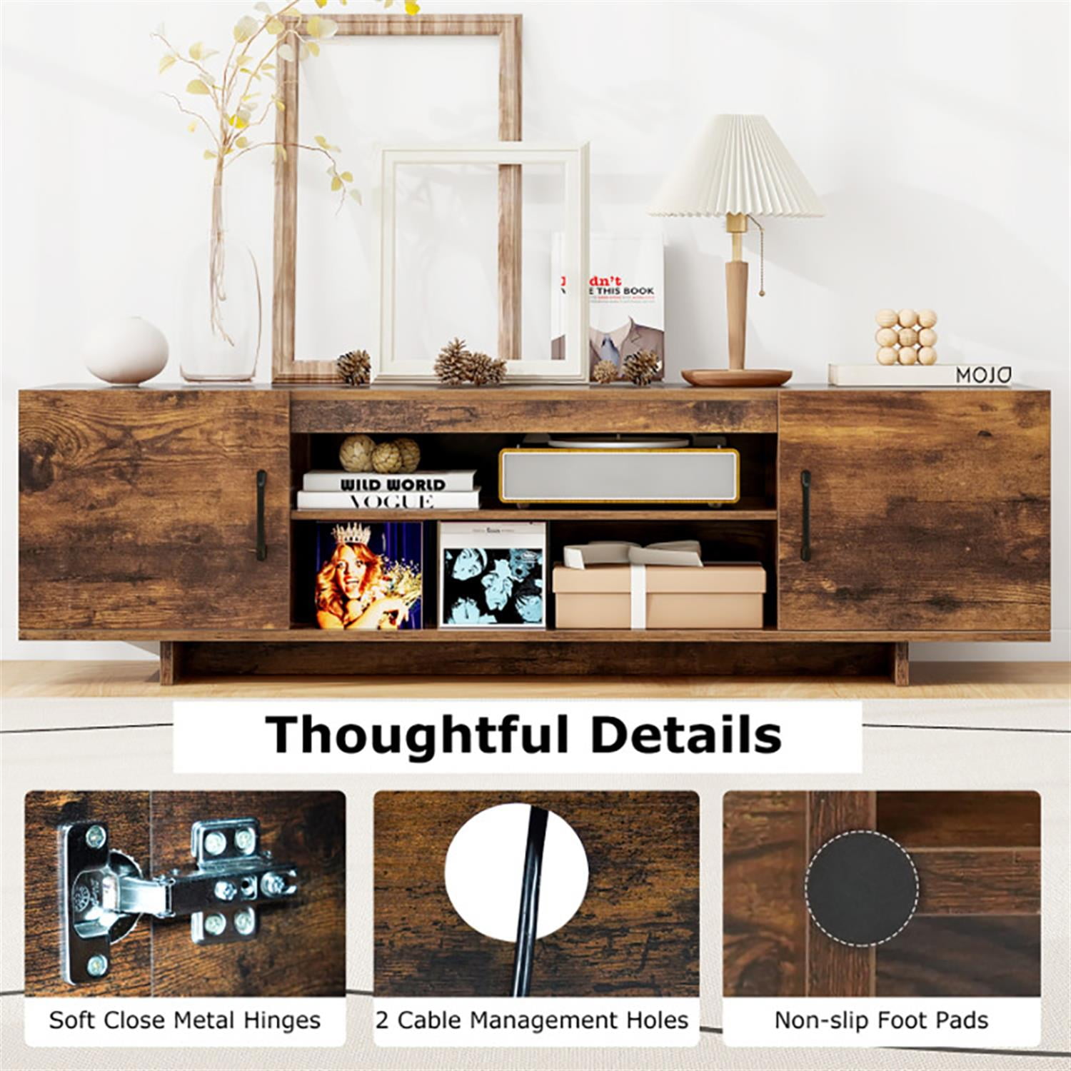 Demi Bonn TV Stand for 65" TVs, Entertainment Center with Power Outlet and 2 Cable Holes, Modern Media TV Console Table for Living Room Bedroom, Brown