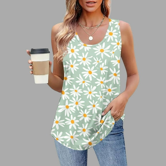 QUNYINEY Camisole Womens Tank Top Floral Crew Neck Casual Sleeveless Tops Summer Flowy Loose Tank Tops