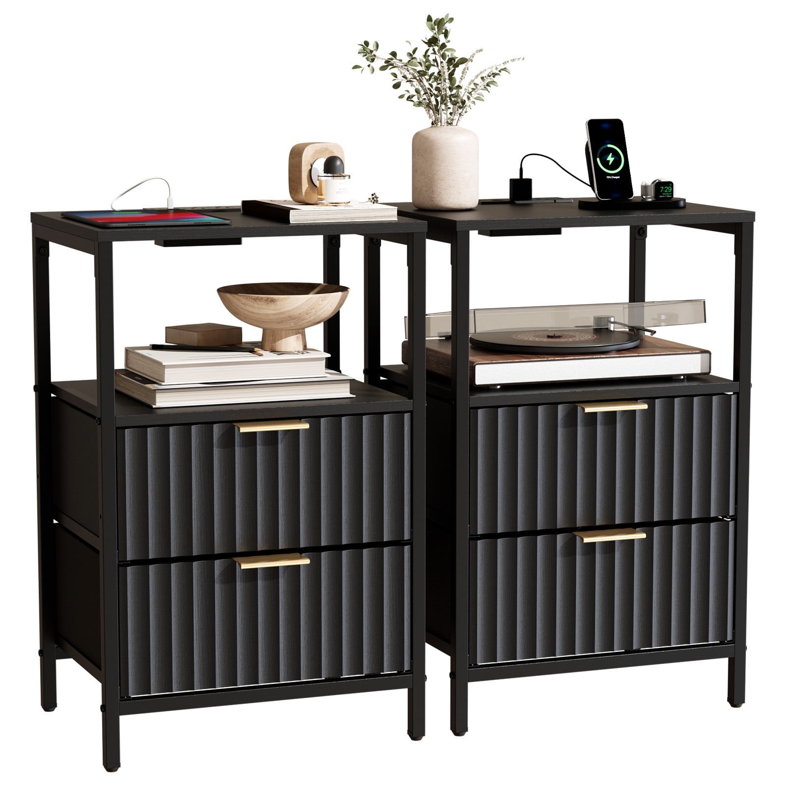 Ktaxon Nightstand with Charging Station End Table with 2 Fabric Drawers Bedside Table Furniture for Bedroom, Living Room,Fluted Black Wave Design