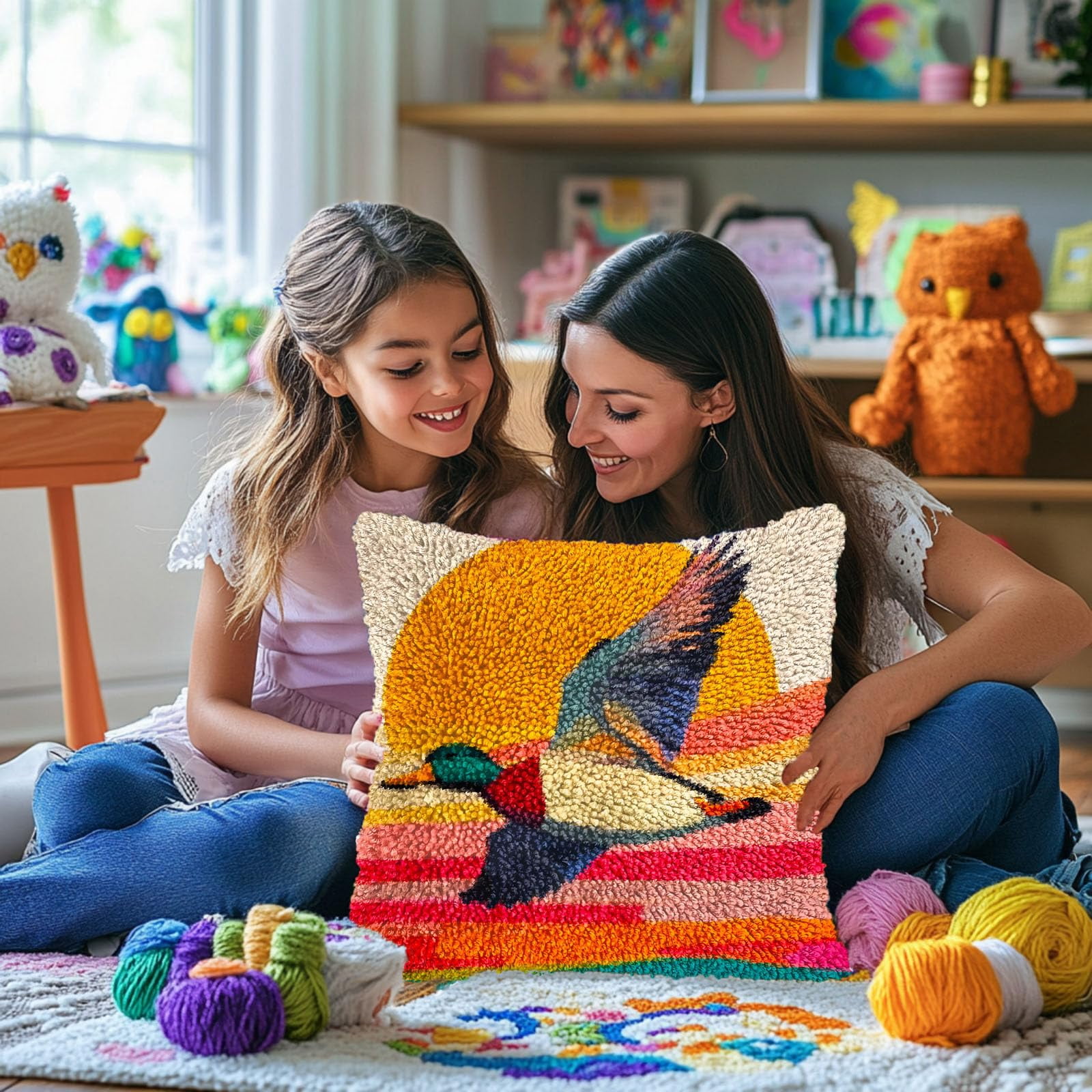 Cartoon Flying Mallard DIY Latch Hook Pillow Kits for Adults Printed Pillowcase Crochet Yarns Hooking Handmade Pillow Cover Cushion for Home Sofa Decoration 17x17inch