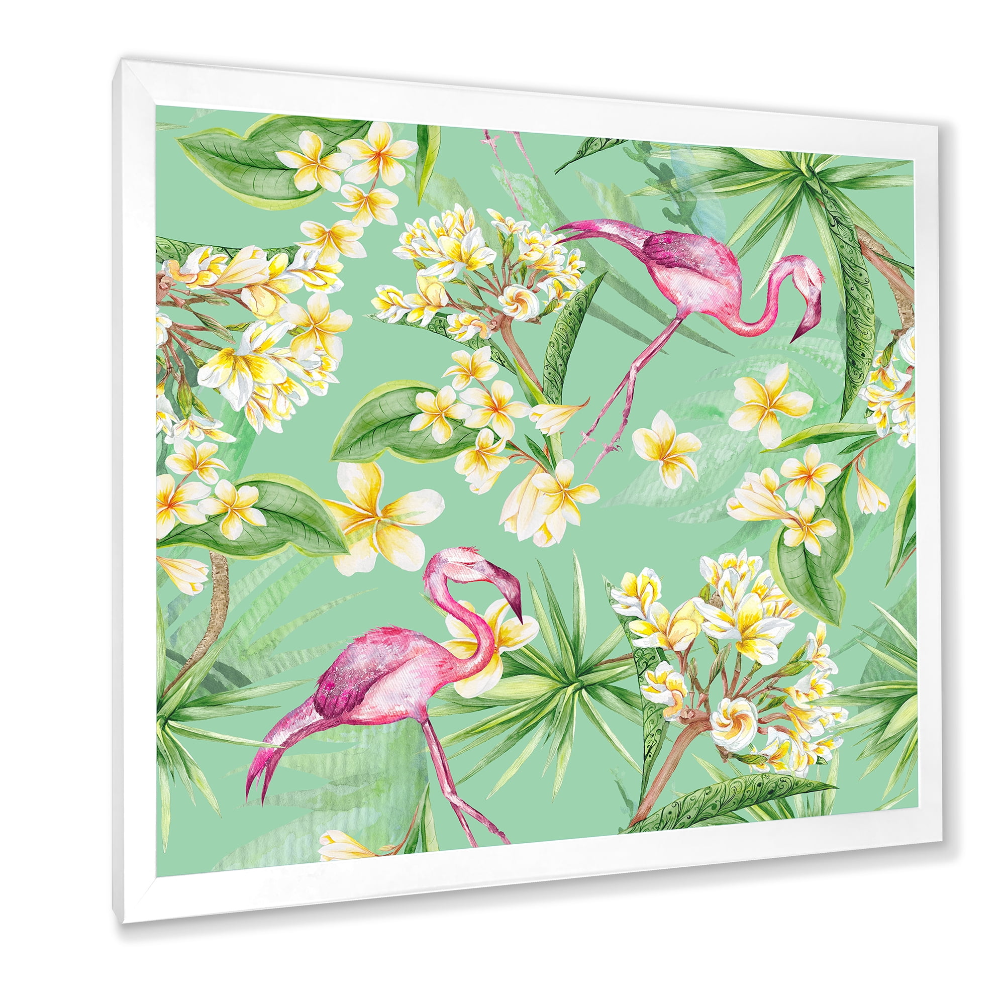 Designart 'Yellow Flowers, Tropical Foliage With Flamingo V' Traditional Framed Art Print