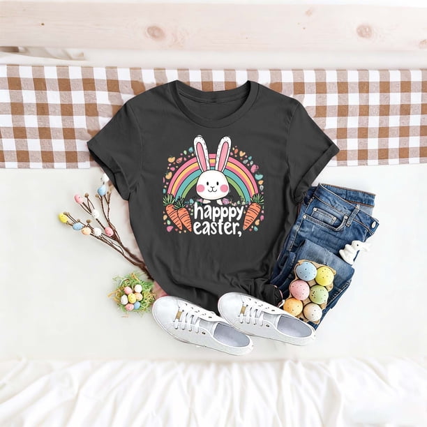 TaTaai Women's Casual Cotton T-Shirt Easter Printed Short Sleeve Crew Neck Loose Fit Summer Chic Top Daily Office Weekend Party Gift