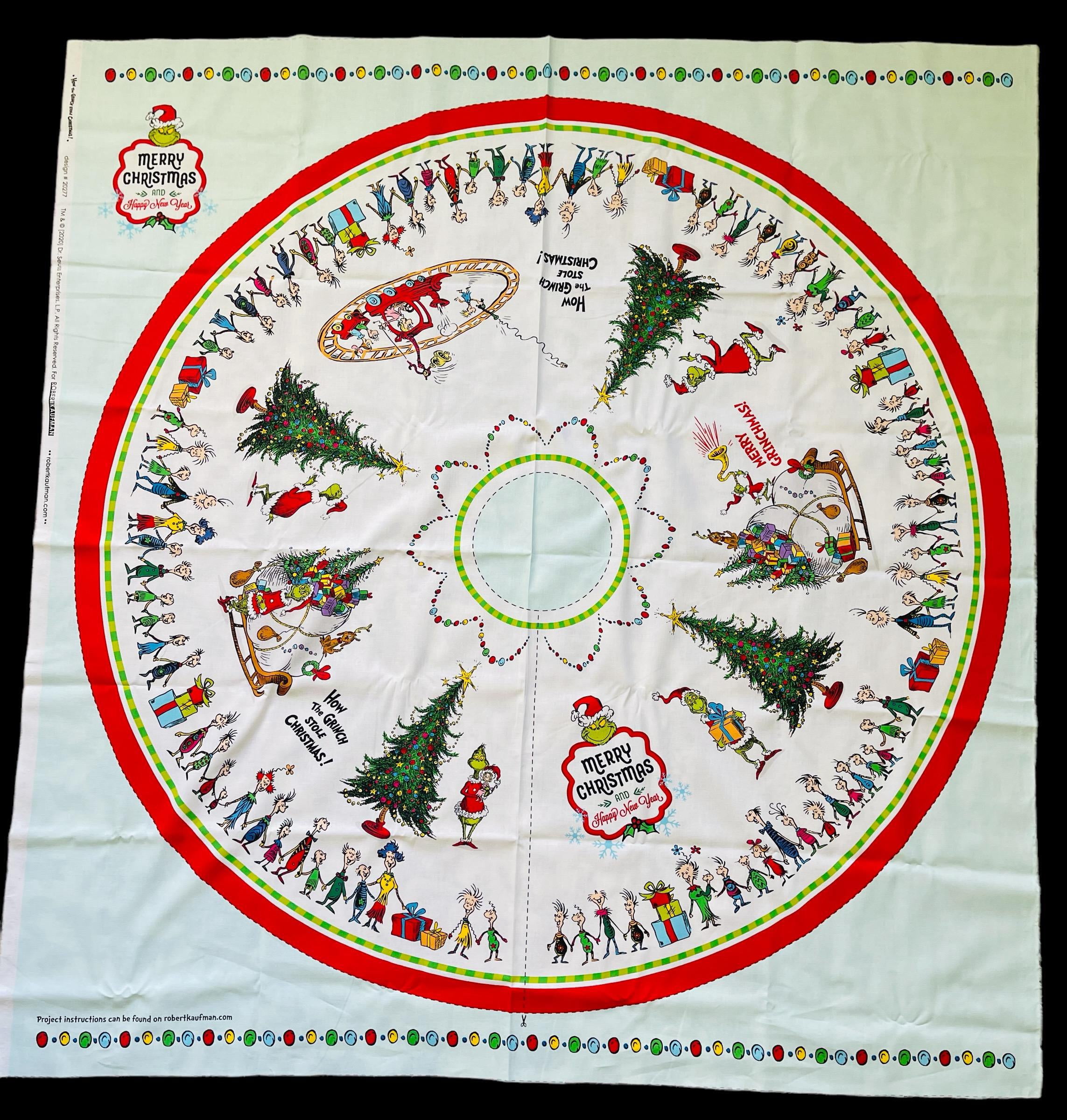 46" X 44" Panel How the Grinch Stole Christmas Tree Skirt White Cotton Fabric Panel (ADE-20277-223HOLIDAY)