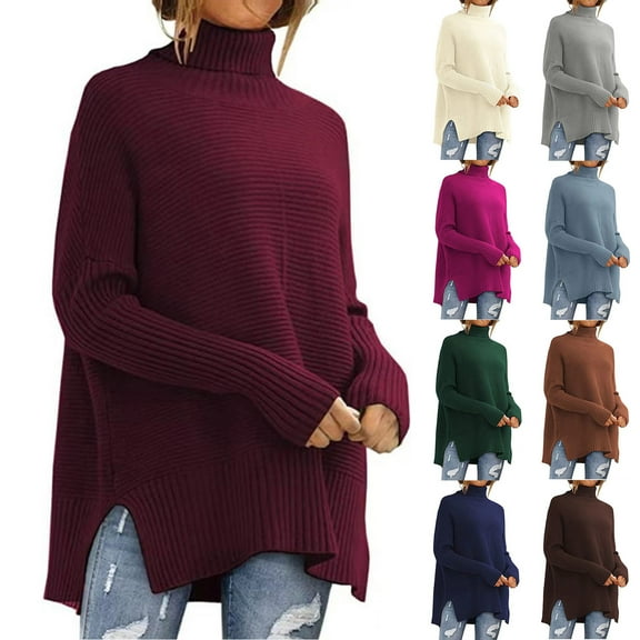 Ashirexll Pullover Sweaters for Women Winter Sweaters Solid Color Casual Loose Knitwear Split Pullover Round Neck Long Sleeve