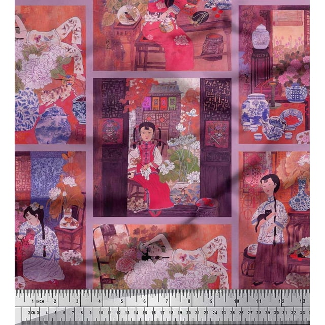 Soimoi Modal Satin Fabric Flower Vase,Cat & Girl Patchwork Decor Fabric Printed Yard 42 Inch Wide