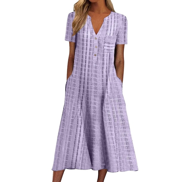 Vestidos Para Mujer Maxi Vestido Casual Raya Estampado Botones Cuello V Manga Corta Con Bolsillo Vestido Largo Odeerbi ODB159473
