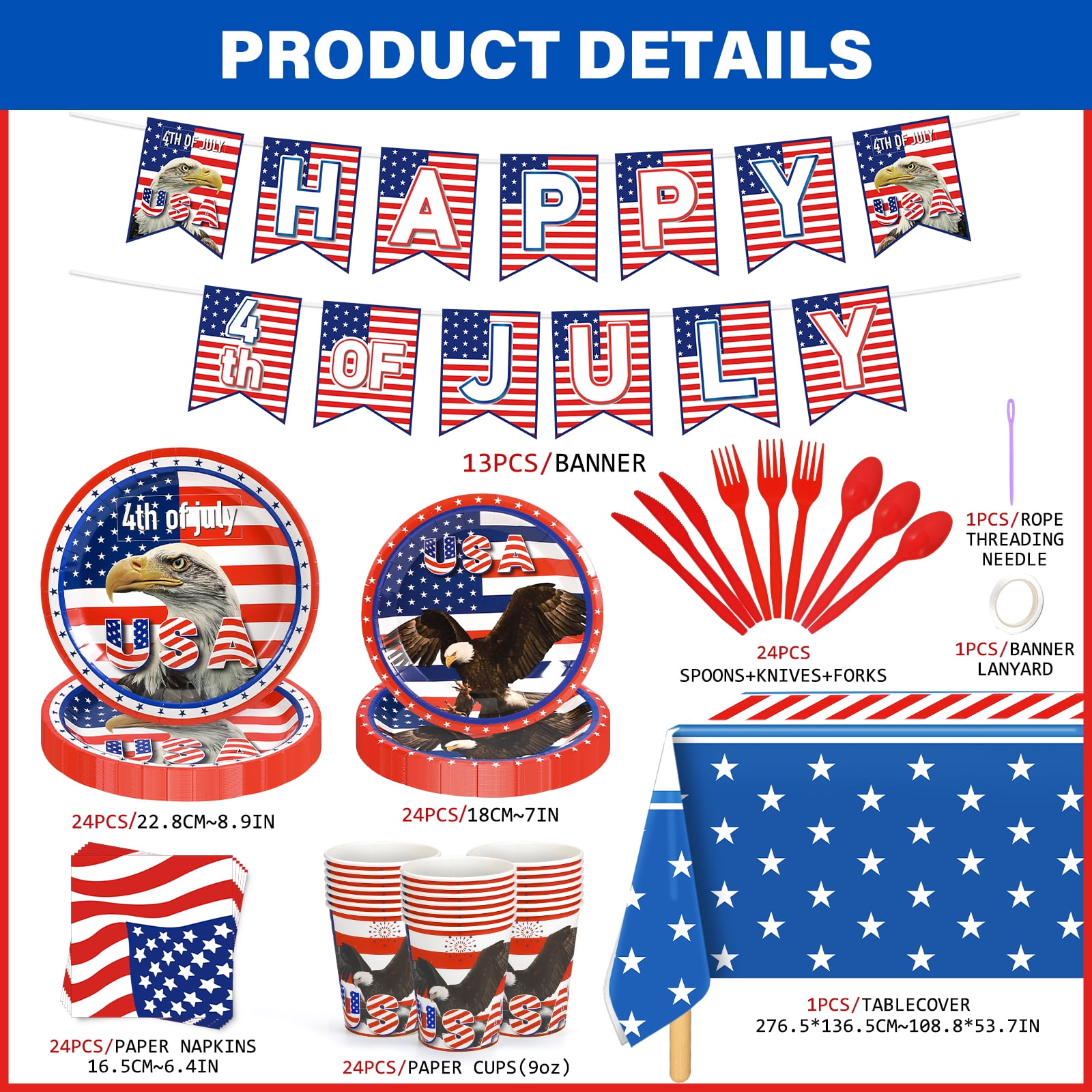 Ayieyill 170Pcs 4th of July Decorations Party Supplies, Fourth of July Decorations, Independence Day Party Serves 24