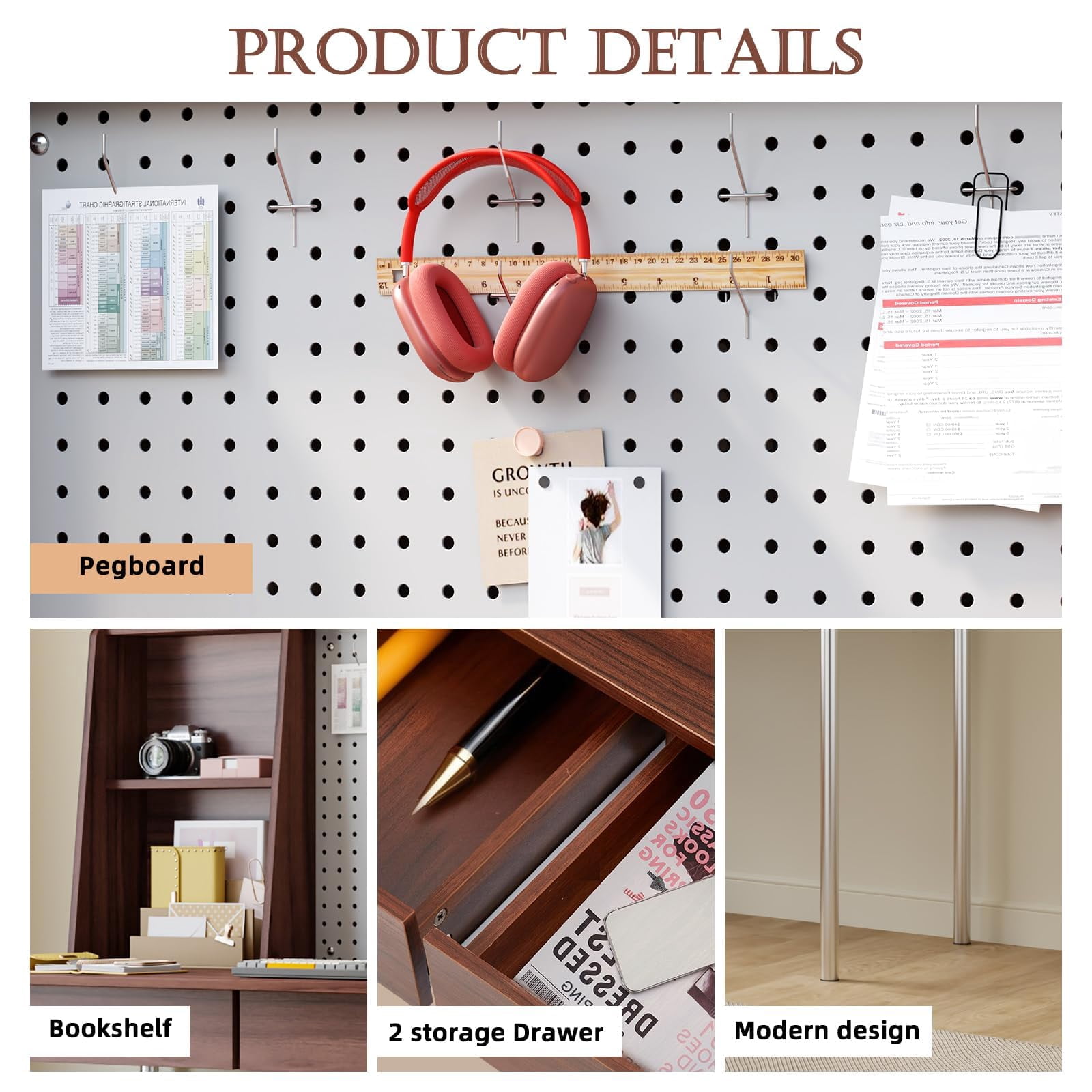 JOMEED 47 Inch Computer Desk with Pegboard, Gaming Desk with 2 Drawers, Walnut Home Office Desk with Hutch, Metal Legs