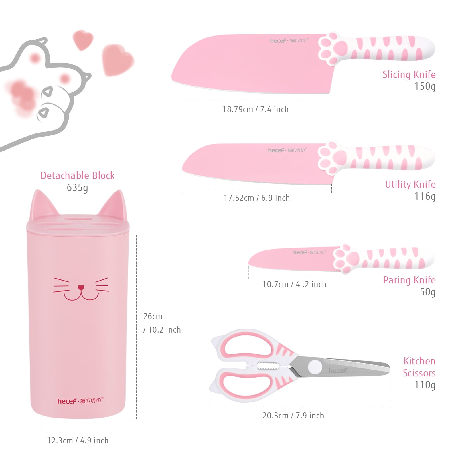 Hecef Cute Kitchen Knife Set with Detachable Block, Cat Claw Pink Sharp  Chopping Cleaver and Scissors for Gift Housewarming Birthday