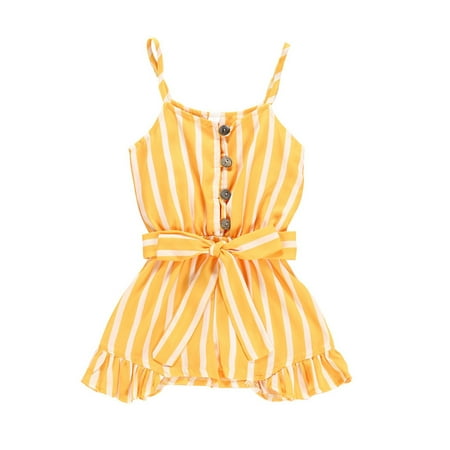 

DNDKILG Infant Baby Toddler Kids Sleeveless Clothes Striped Suspender Romper for Girl Summer Cotton Button Jumpsuit Yellow 6M-4Y