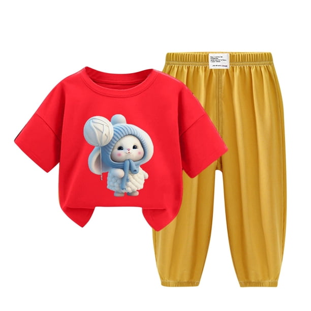 Odeerbi 2-12 Años Niño Niña Conjunto de Verano Camiseta de Manga Corta de Algodón Ice Silk Pantalón de Chándal Conjunto de Dos Piezas de Ropa Interior Estampada