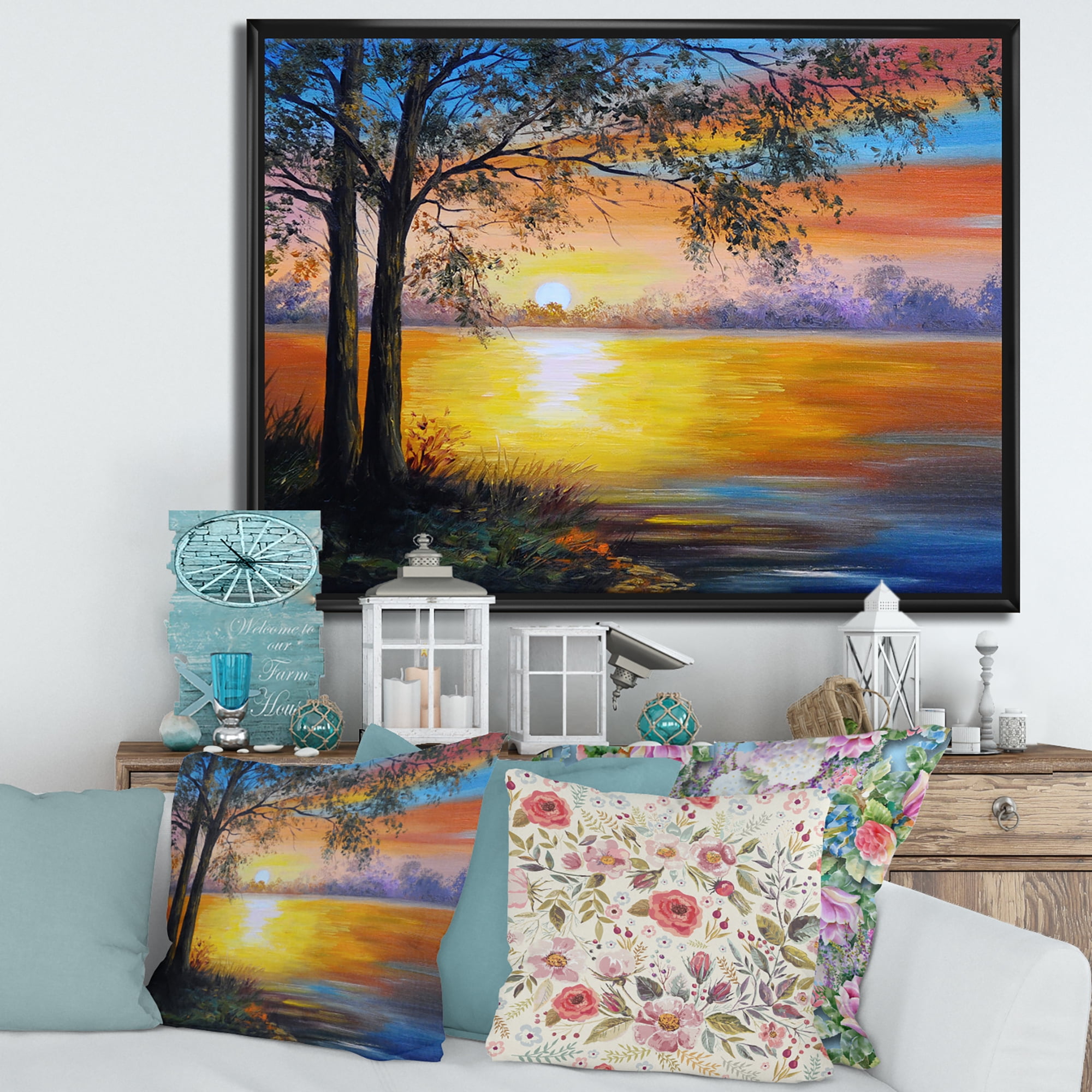 Designart 'Tree Near The Lake in Evening' Traditional Framed Canvas Wall Art Print