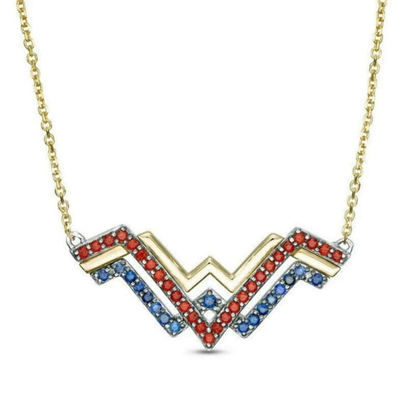 1 Ct Round Cut Lab-Created Blue Sapphire & Garnet Wonder Women Pendant 14K Yellow Gold Plated