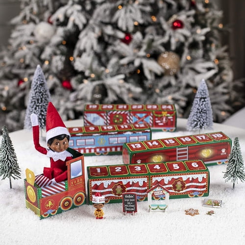 Elf Shelf Train Toy, Christmas North Pole Advent Calendar Train and Chocolate Christmas Advent Holiday Calendar Gift Bundle