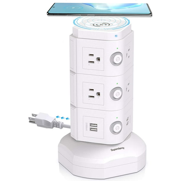 SUPERDANNY USB Power Strip Tower with Wireless Charger 10 AC Outlets 4 USB 6.5 ft Extension Cord