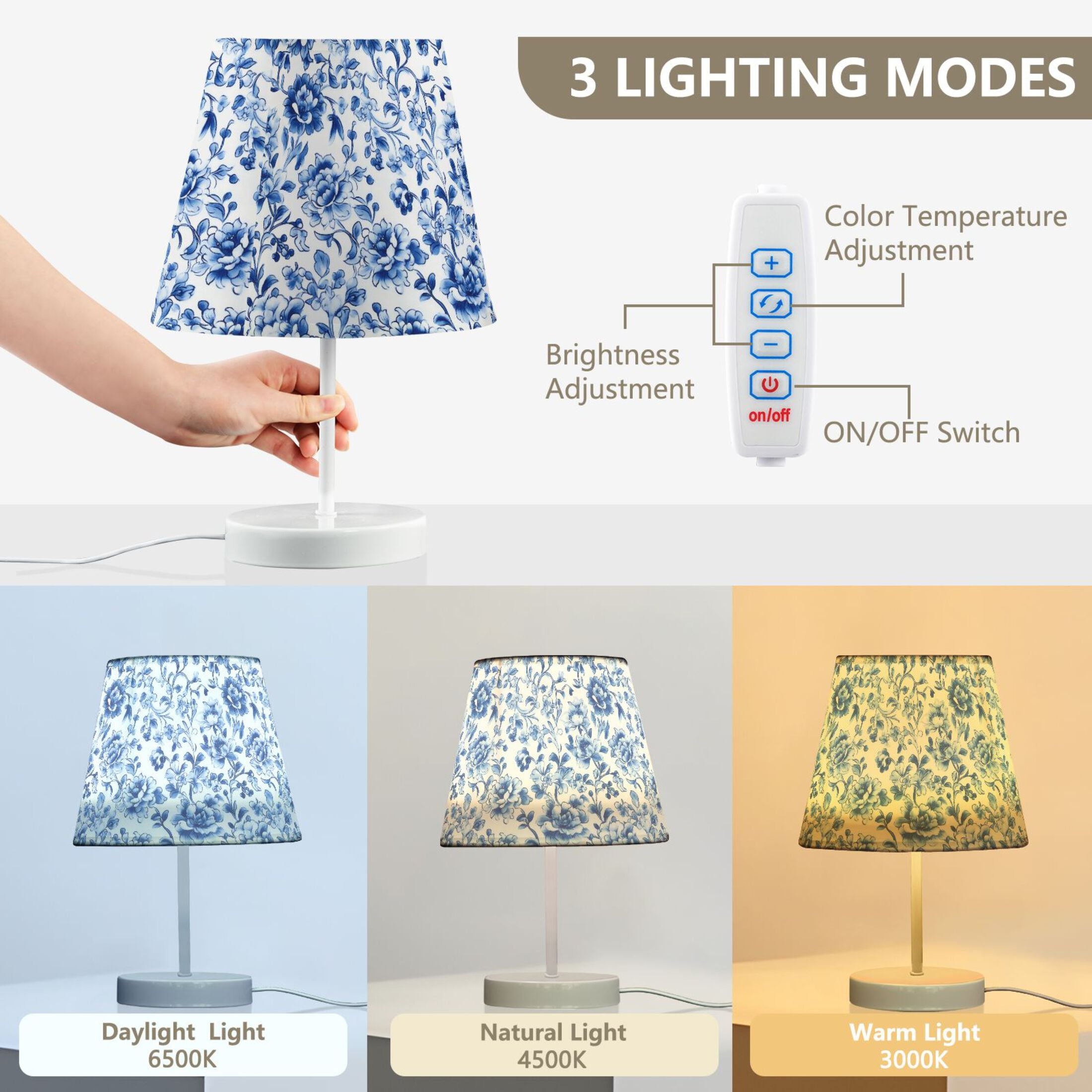 LED Desk Lamp Blue and White Porcelain Floral Table Nightstand Lamps with 3 Color Temperatures for Home Bedroom Living Room Decor 8x12