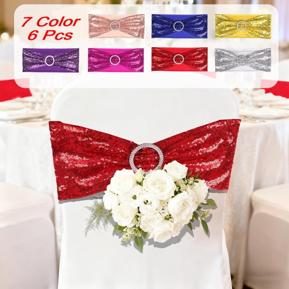 KOYPTL 6 Pcs Sequins Chair Sashes Stretch Chair Bands Spandex Polyester Bows for Party Hotel Graduation Meeting Wedding Banquets Birthday Decoration Silver