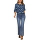 thumbnail image 2 of Blusa floral con cuello atado y volantes en capas de manga de codo para mujer INSPIRE CHIC en azul marino, 2 of 8
