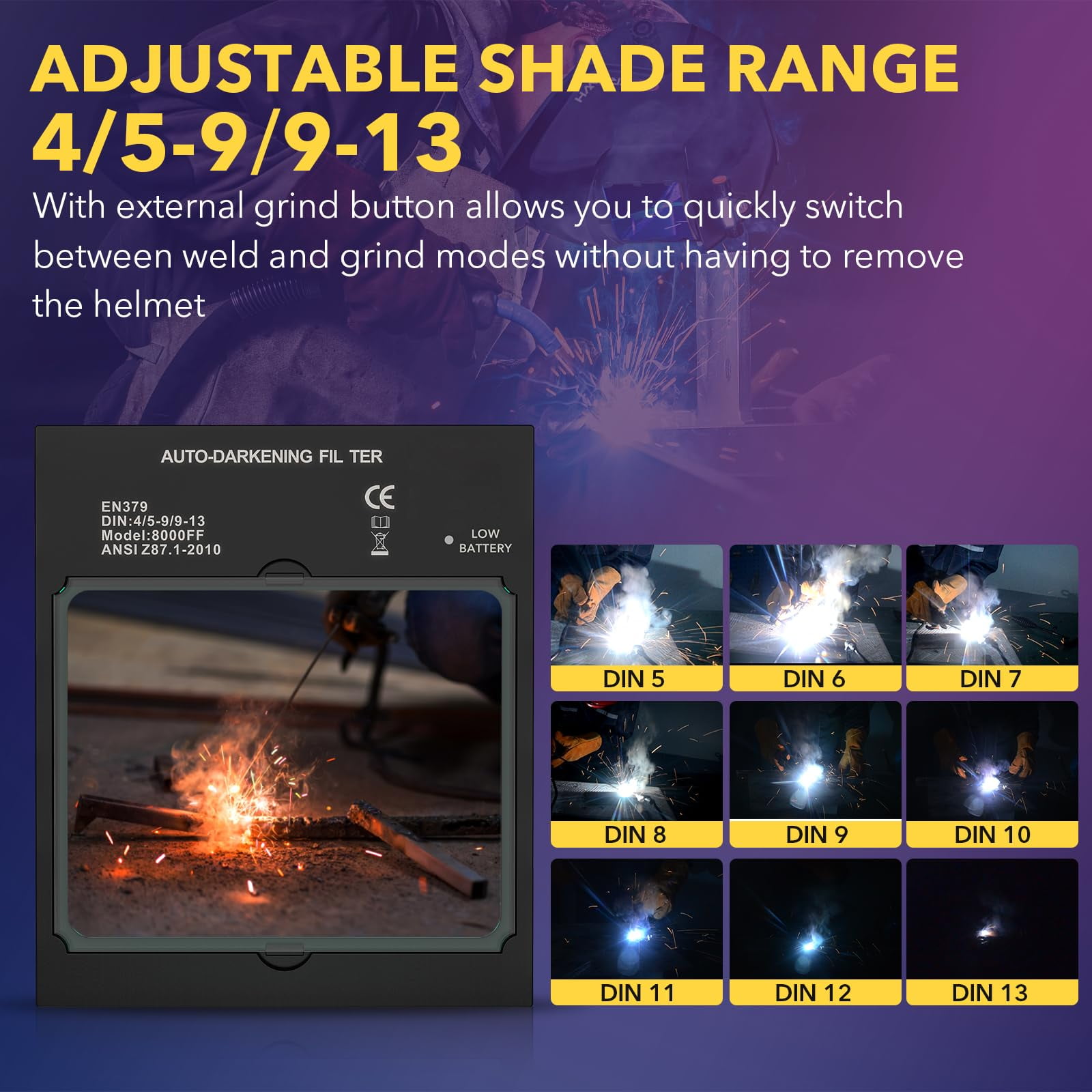 TRQWH Large View Auto Darkening Welding Lens 4.49 * 5.24in Solar True Color Filter with 4 Arc Sensor Adjustable Shade Range 4/5-9/9-13 Replacement Welding Helmet Accessories for TRQWH Welding Hood