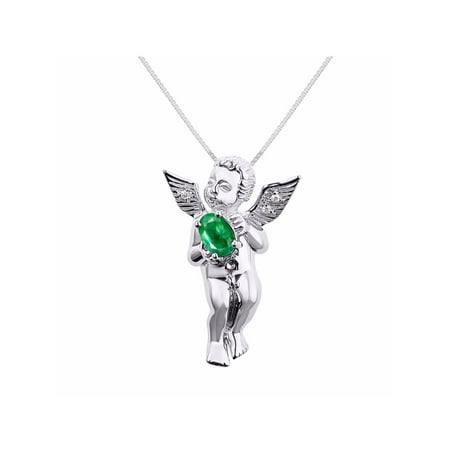 Guardian Angel Cherub Diamond & Emerald Lucky Guardian Angel Cherub Pendant Necklace Set In Set in Sterling Silver With 18