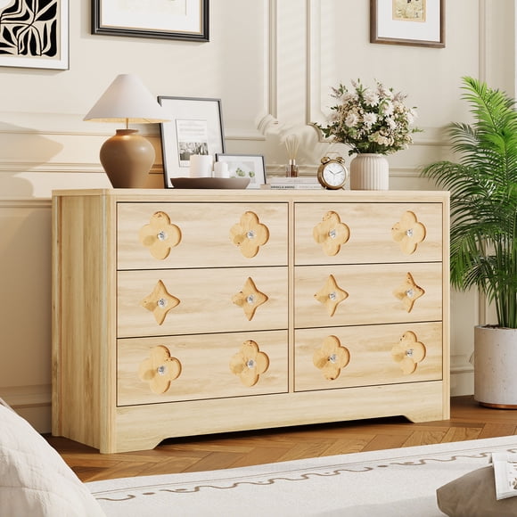 6 Drawer Dresser for Bedroom, 47.2'' Mid Century Modern 6 Drawer Dresser with Fluted Detail, Wooden Chest of Drawers, Decorative Boho Style Large Capacity Storage for Dining Room, Bedroom,Living Room