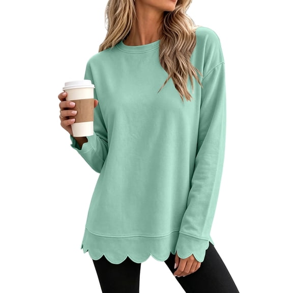 Livrdious Crewneck Sweatshirts for Women Scalloped Long Sleeve Pullover Tops Relaxed Fit Solid Casual Fall Outfits