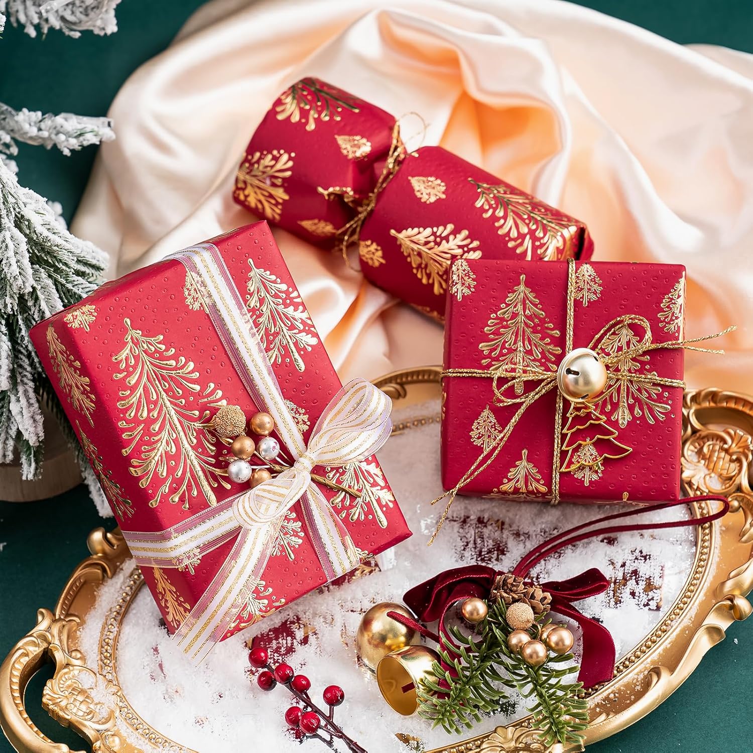 3D Kraft Christmas Wrapping Paper Roll - Mini Roll - 17 Inch x 16.5 Feet - Gold and Red Christmas Tree Wrapping Paper with Embossed Perfect for Holiday, Party Celebration