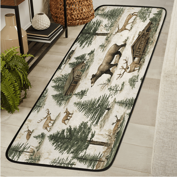 CURLYOOT Rustic Cabin Vintage Bear Deer Moose Runner Rug 2'x6' Washable Kitchen Runner Rug Indoor Non Slip Laundry Rugs Floor Carpet for Hallway Kitchen Entryway Bedroom Living Room