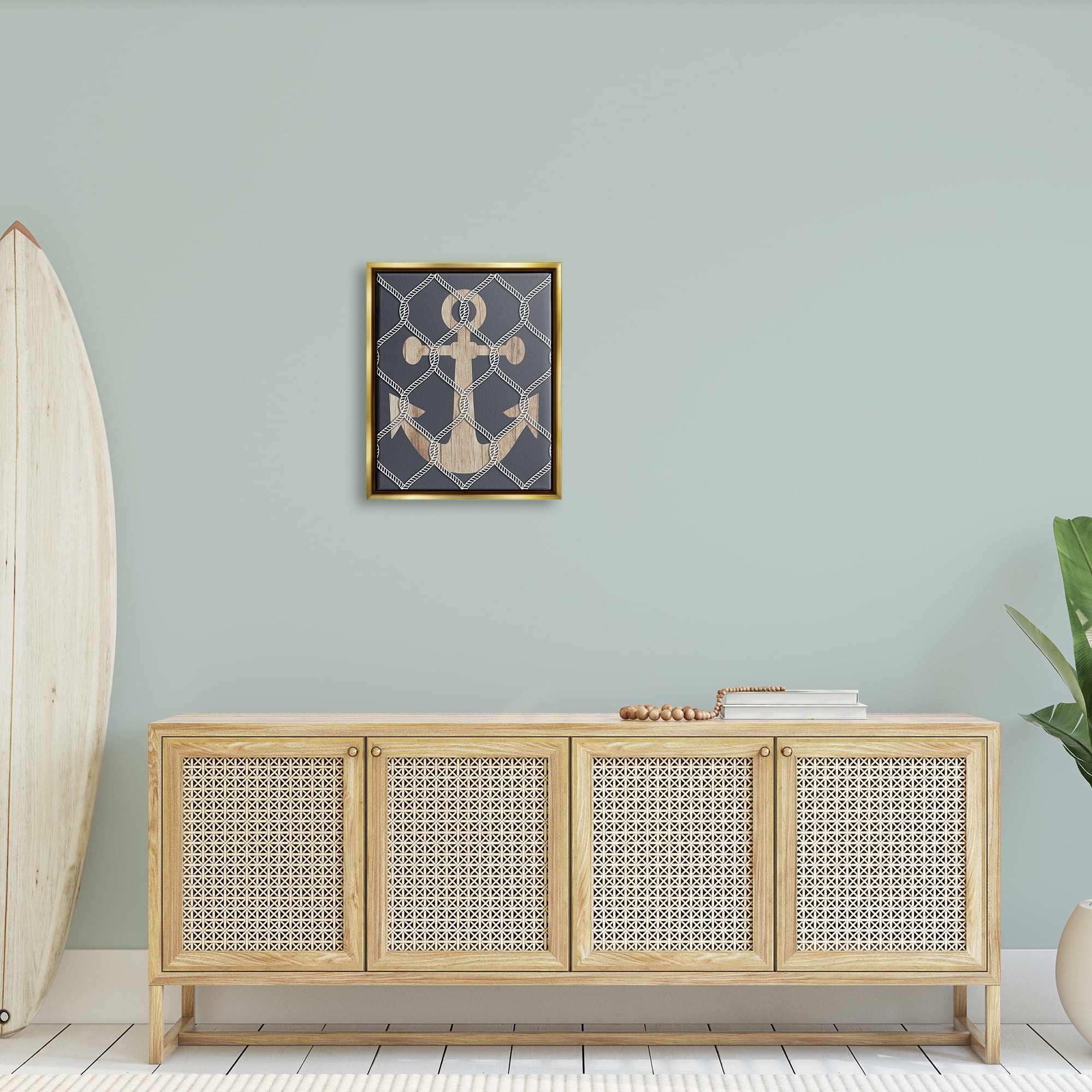 Stupell Nautical Anchor Linked Rope Landscape Painting Gold Floater Framed Art Print Wall Art