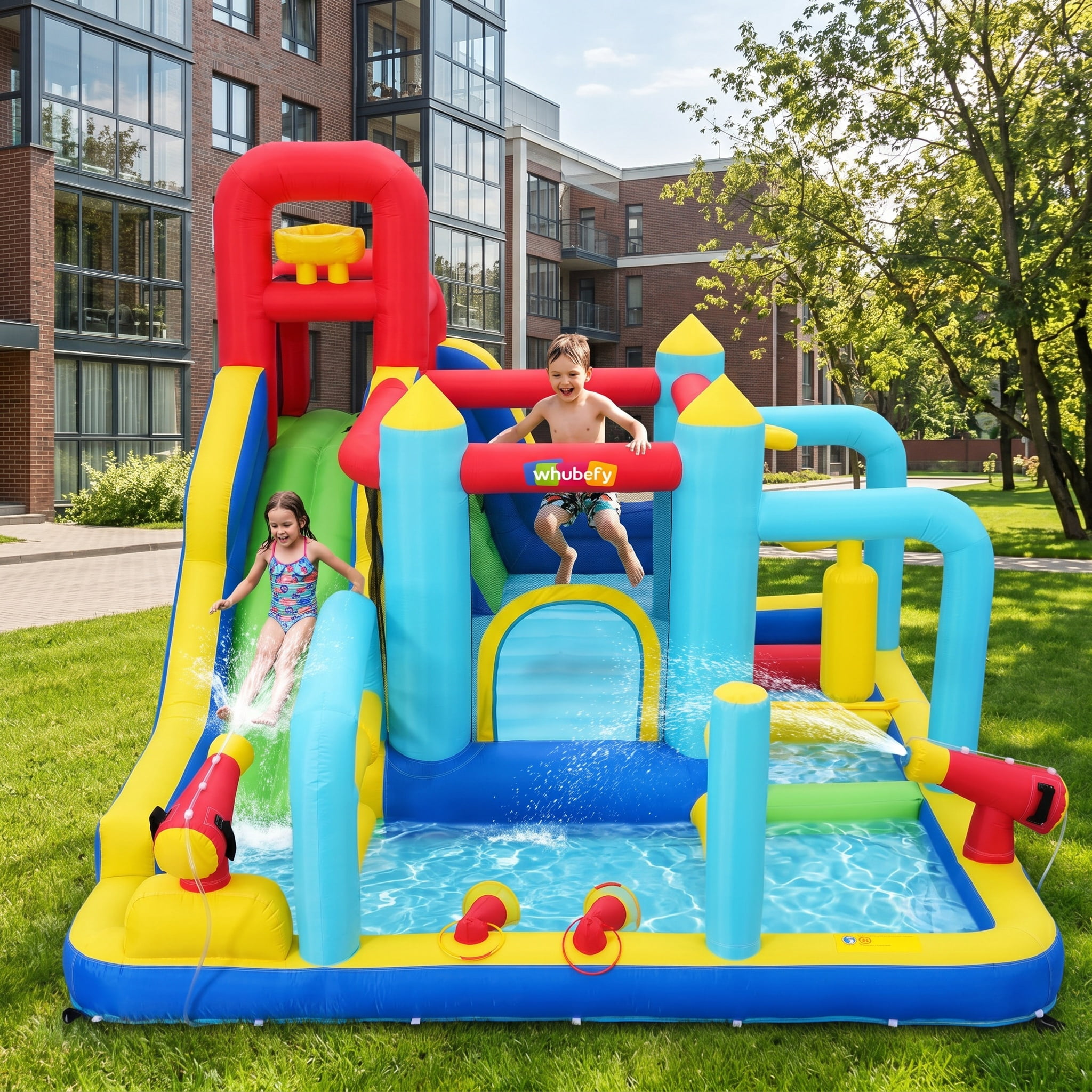 Sailvan Inflatable Water Slide Bounce House with 550W Blower, Obstacle Bouncy House for kids 3~10, Indoor Outdoor Water Park with Long Water Slide, Junping Area, Water Cannon, Basketball Hoop