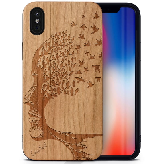 Case Yard Wooden Case Outside Soft TPU Silicone Slim Fit Shockproof Wood Phone Cover for Girls Boys Men and Women Supports Wireless Charging Head with Flying Birds Design case for iPhone-XS-Max