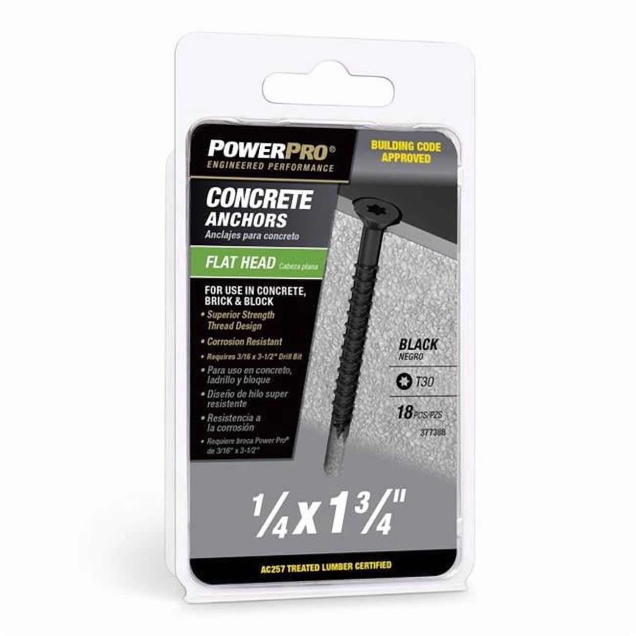 Hillman 5049791 0.25 x 1.75 in. Power Pro Carbon Steel Flat Head Concrete Screw Anchor, Pack of 18