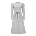 thumbnail image 4 of One opening Women's Knit Midi Dress Sexy Long Puff Sleeve Round Neck Skirts Solid Color Tie Back Sundress, 4 of 9