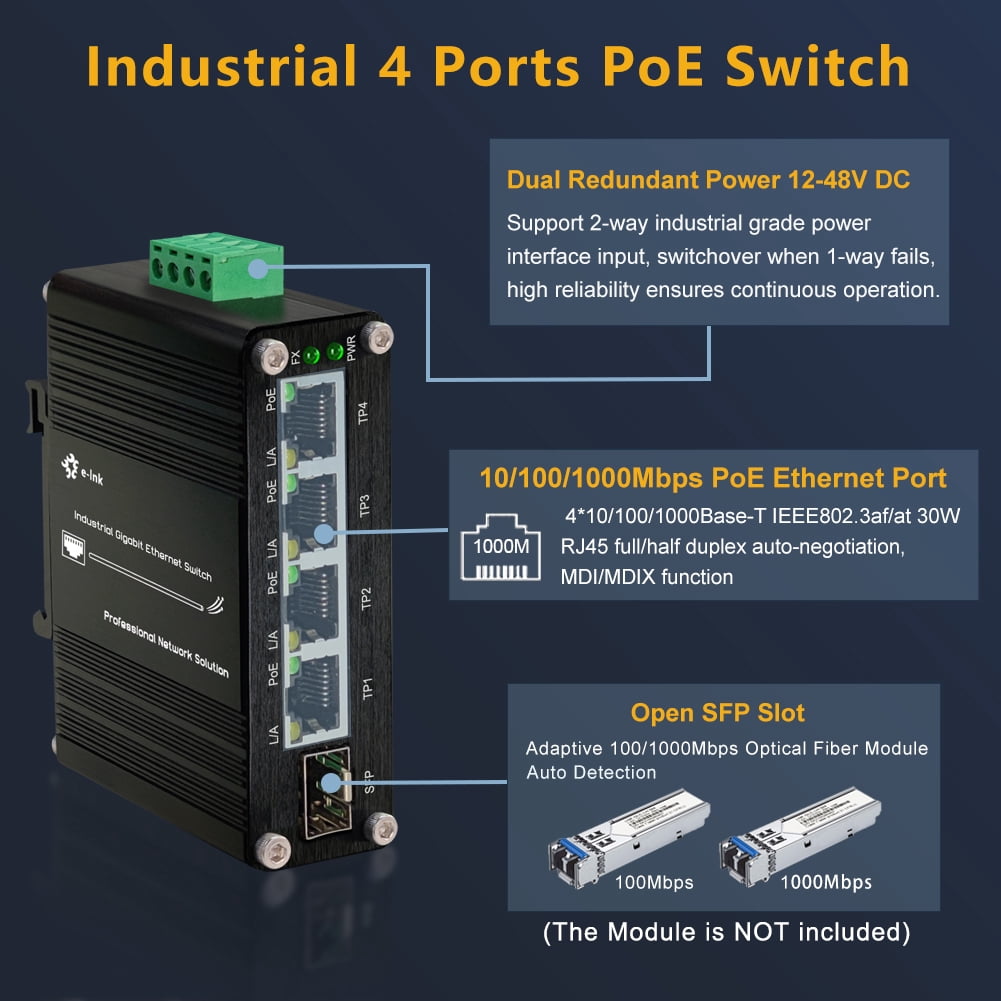Mini 4-Port 802.3at PoE+1 Port Ethernet Switch 12~48VDC Input + Voltage Booster