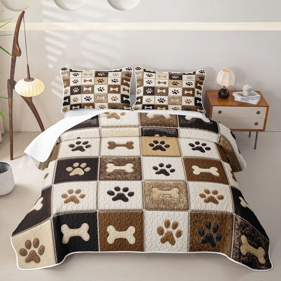 Homewish Paw Bone Plaid Twin Quilt Set,Retro Pet Dog Theme Twin Coverlet Set,Brown,2-Piece