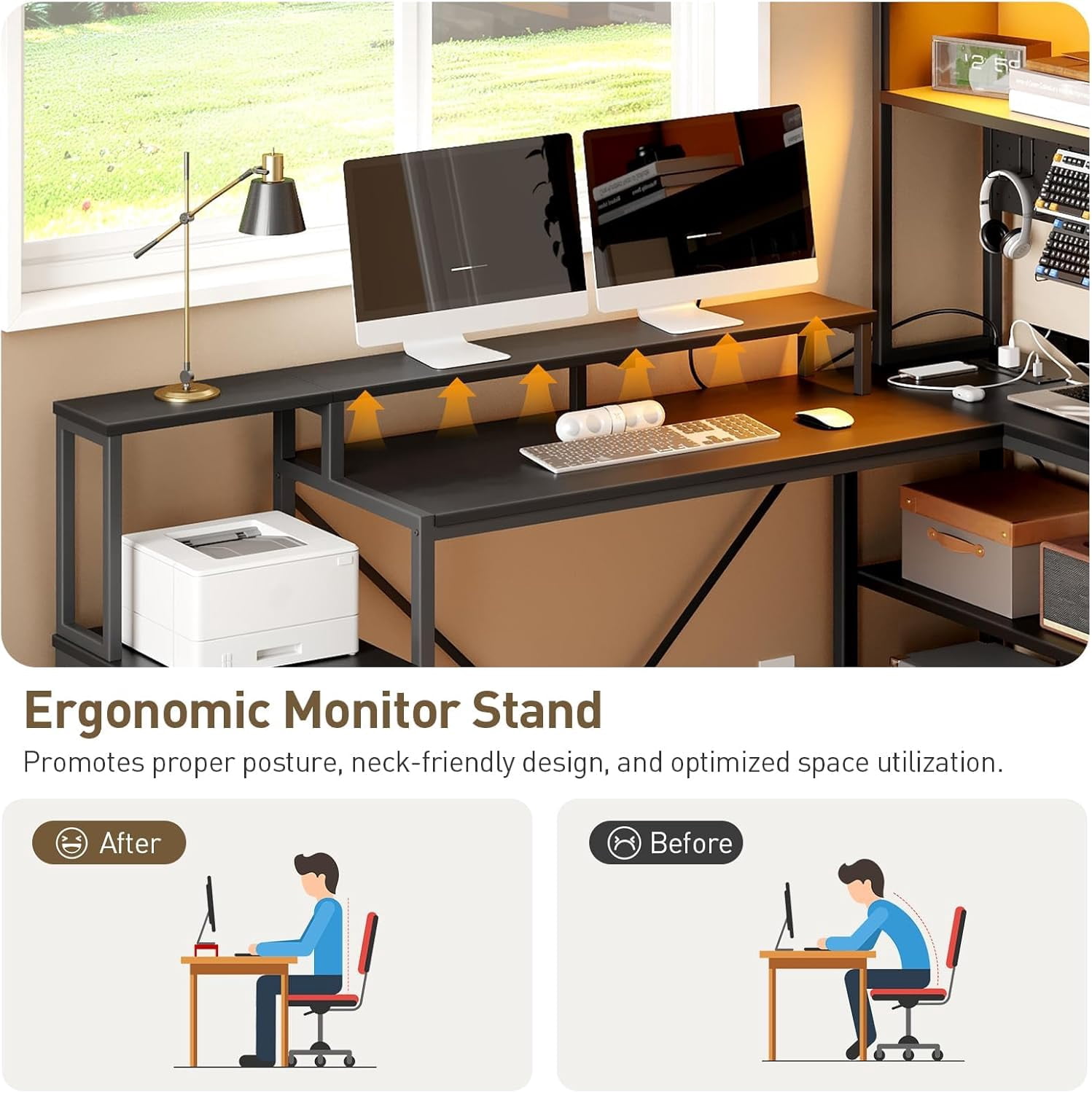 75inch L Shaped Computer Desk with Drawers, Large Gaming Desk with LED Light & Power Outlets, Corner Computer Desk with Storage Shelves & Monitor Stand for Home Office, Black