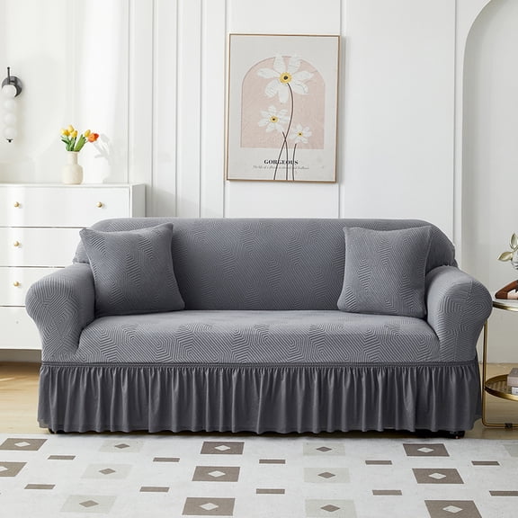 suxuMhao Skirt Style Sofa Cover for Couch,Stretch Sofa Covers Washable,Non Slip Scratch Resistant 4 Seater Couch Cover,Oversized Size Slipcovers Fit 92.52-118.11 Inches, Dark Gray,1 Piece, Style 4