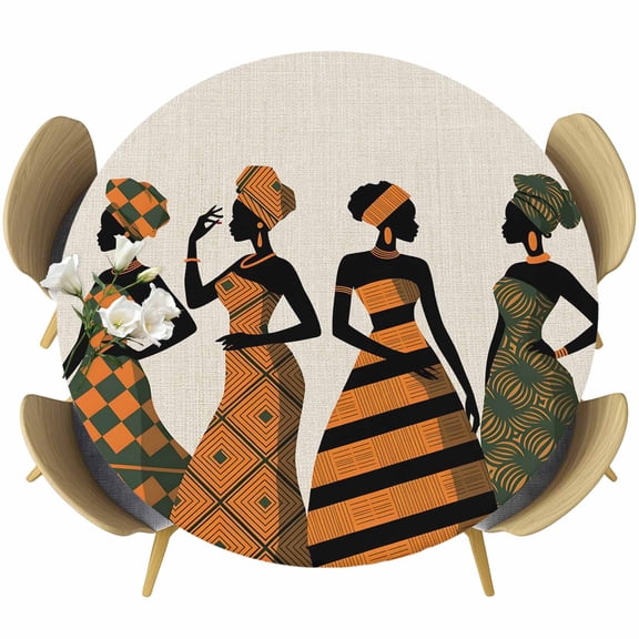 Black Women Round Tablecloth 55-60 Inch Round Fitted Table Cloth with Elastic Edge, Boho Retro Tribal Southwestern Stripe Waterproof Table Cover Protector for Outdoor Picnic Party Dining