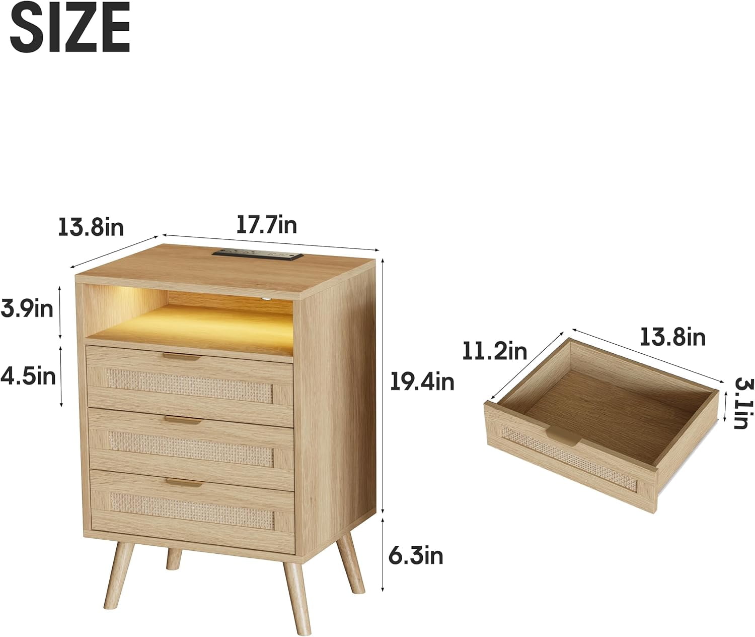 Vabches Rattan Nightstand with Charging Station and 3 Drawers for Bedroom, Living Room (1 Pack)