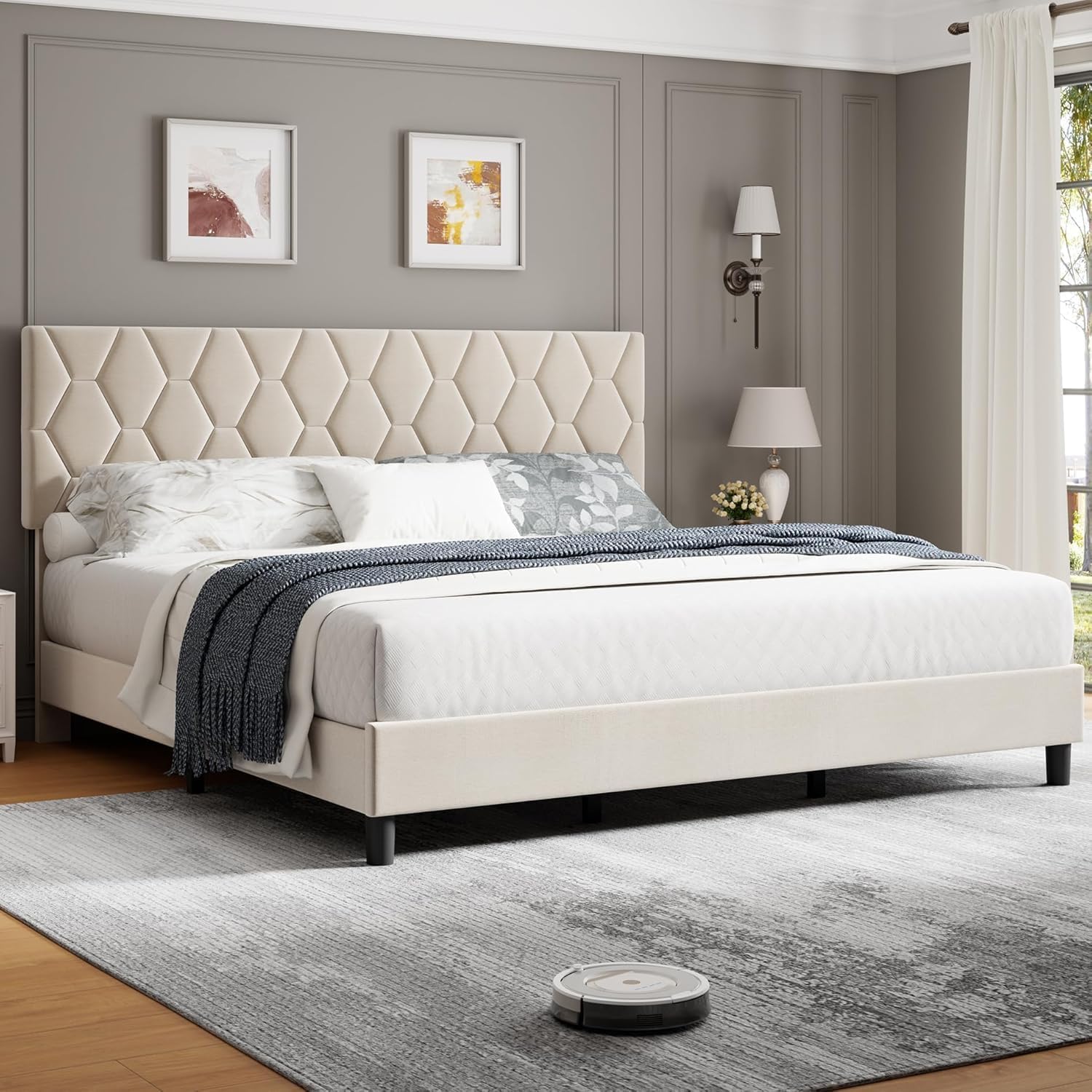 Ivory White King Bed Frame, Upholstered Headboard, Heavy-Duty Wood Slat Platform, No Box Spring, Easy Assembly
