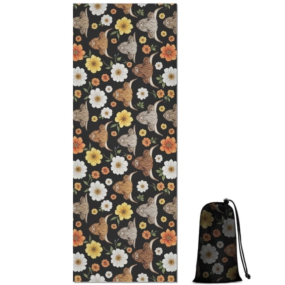 Black Highland Cow Flower Pattern Hot Yoga Mat Towel Non Slip for Hot Yoga - Quick-Drying Yoga Mat Cover with 4 Corner Pockets with Travel Bag - Hot Yoga Towel Non Slip 70"x26"