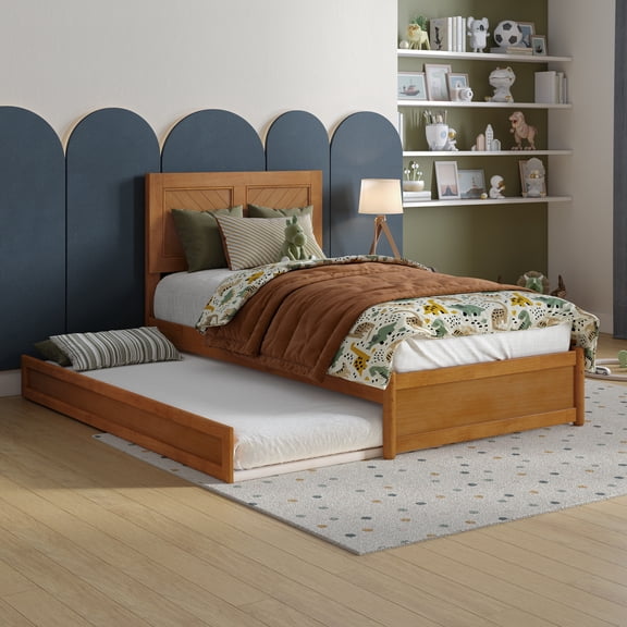 Clayton Twin Wood Platform Bed with Panel Footboard & Trundle in Light Toffee