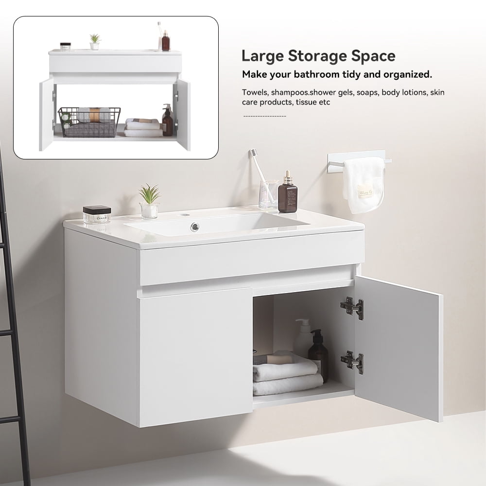 KYLE & KAY 24 inch Modern Wall-Mounted Bathroom Sink Cabinet, Floating Bathroom Vanity with Storage and Two Soft Close Doors,with Sink, Faucet Not Included,Solid Wood, White.