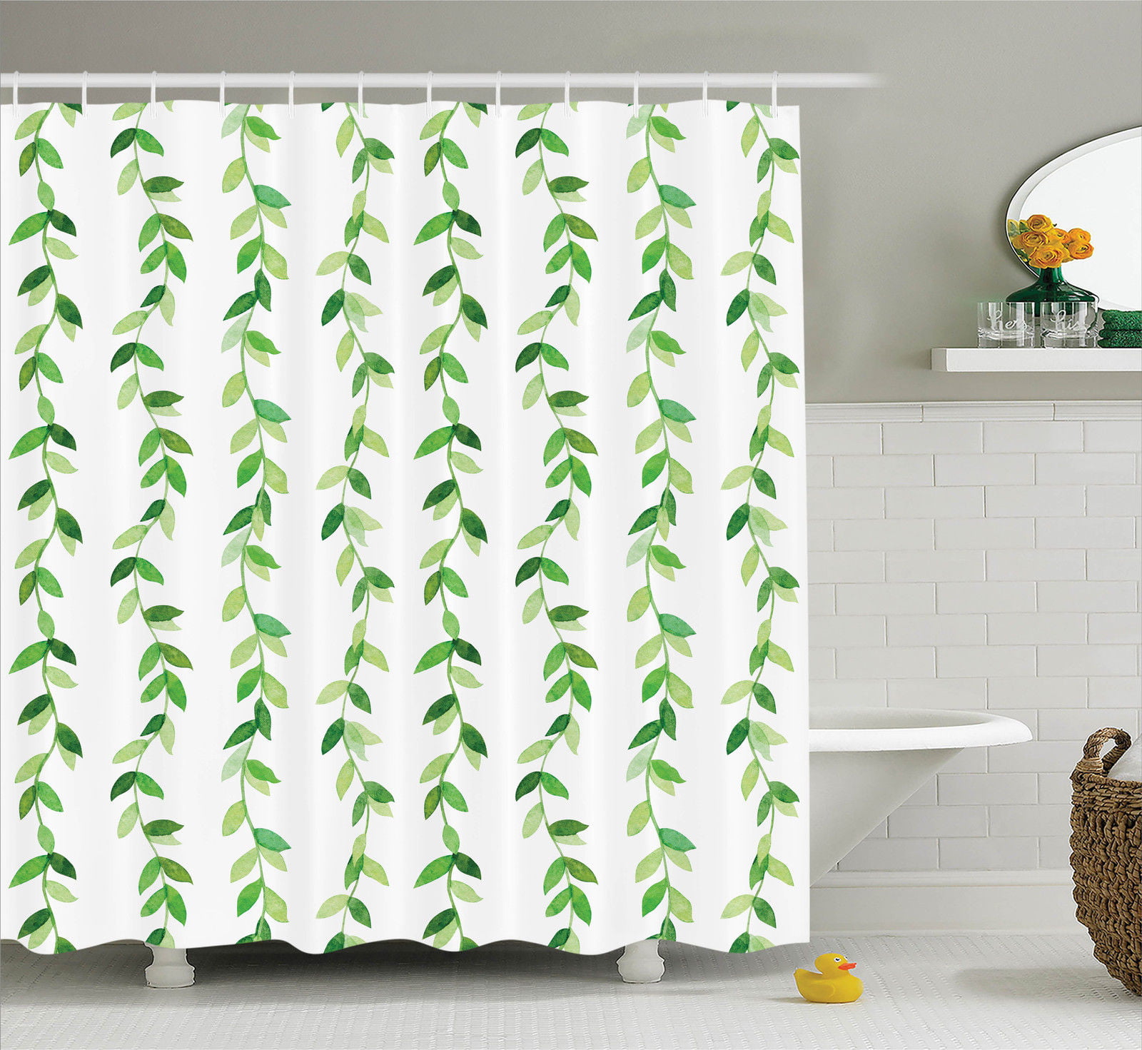 Leaves Decor Shower Curtain Set, Vivid Fresh Watercolor Ivy Branches ...