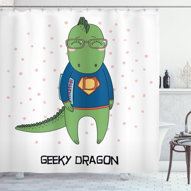 Geek Shower Curtain, Funny Dragon Character in Glasses and Sweatshirt