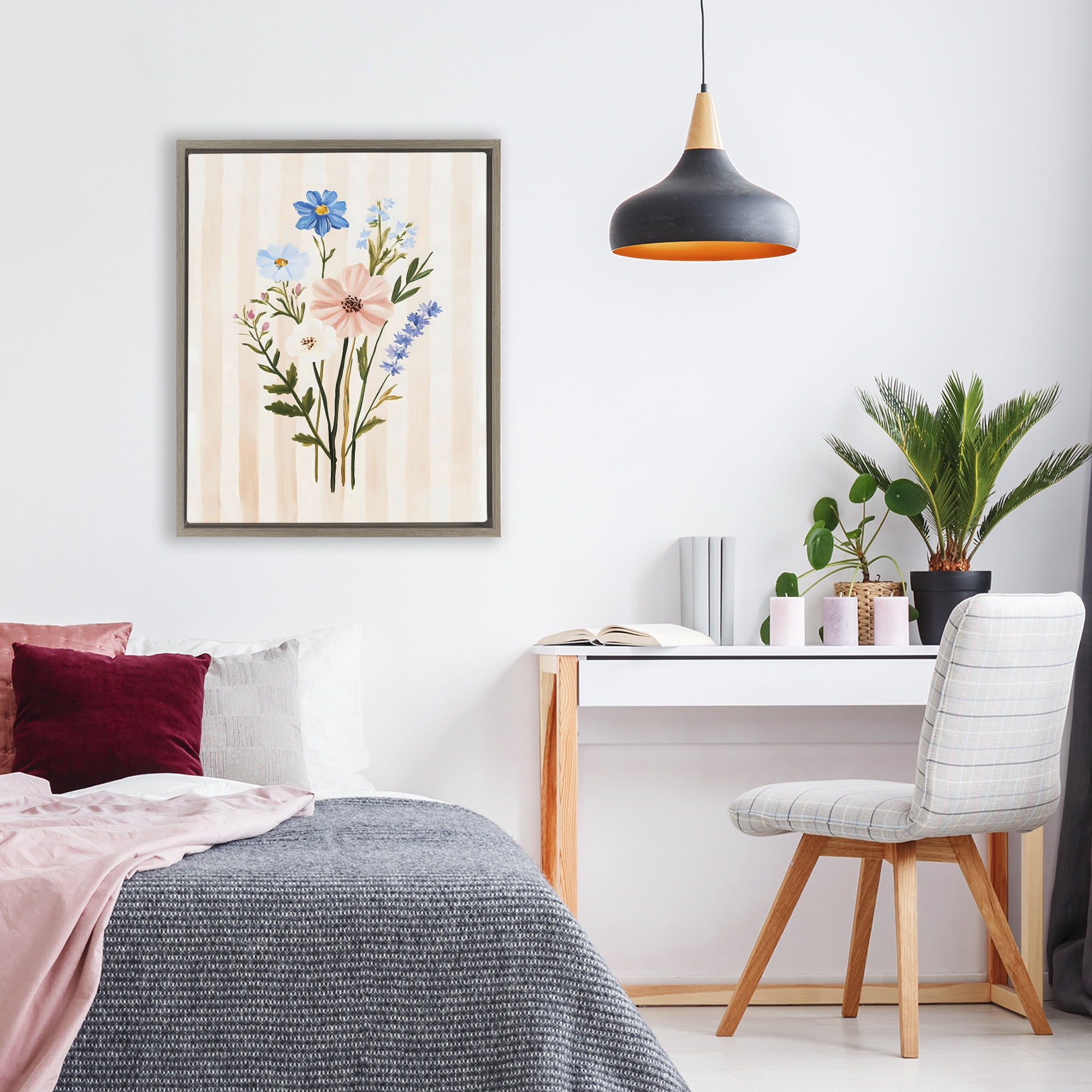 Stupell Industries Cream Stripe Florals Brown Framed Floater Canvas Wall Art, design by The Prints Vibe