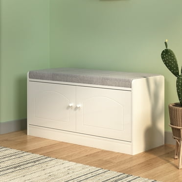 Organizedlife Shoe Bench with Padded Seat Cushion, Entryway Shoe Bench with 2-Tier Storage, White, 43.36 lb Limit
